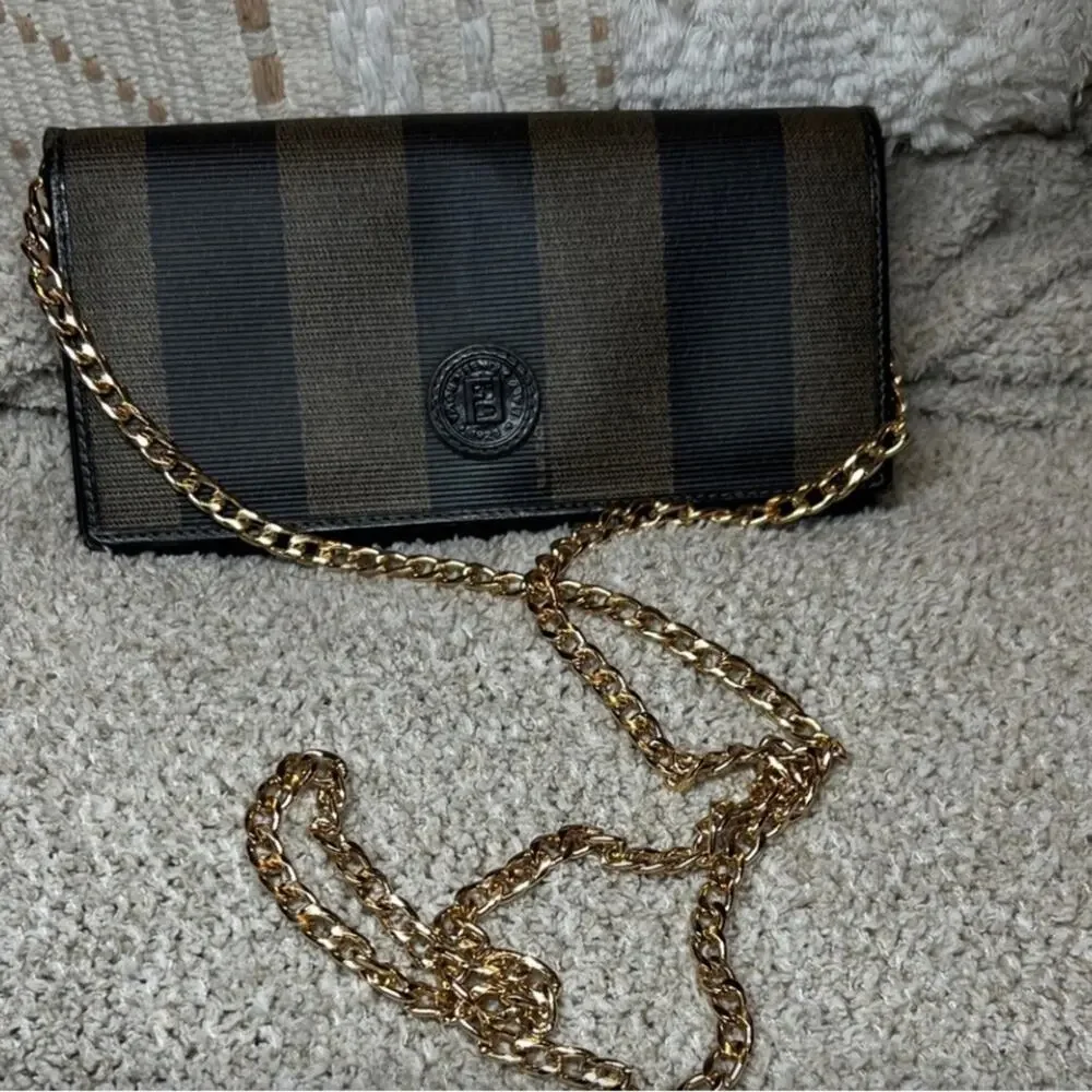 Fendi Black and Taupe Striped Wallet with Removable Gold Tone chain VTG